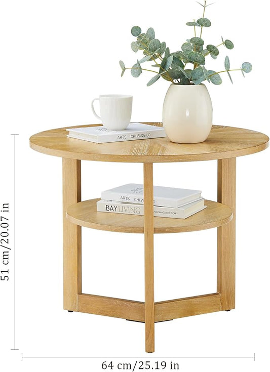 25" Round Coffee Table for Small Spaces, Circle Wood Coffee Table with Storage Shelf, 2 Tier Small Center Table for Living Room Apartment Home Furniture, Easy Assembly (Natural Brown,25"Dx25"Wx20"H)