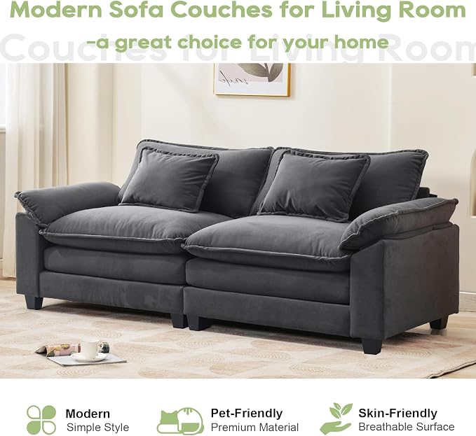 Oprisen 86" Modular Sectional Sofa, Comfy Cloud Couch Sectional Sofa with Ottoman, Velvet Sofa Sleeper Deep Seat Sofa with Throw Pillows for Living Room (Blue Gray, 86"- Loveseat)