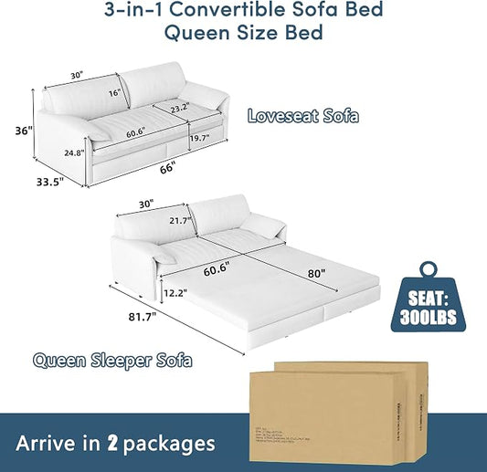 66" Sofa Bed Queen Size, Pull Out Couch Bed, 3-in-1 Convertible Sleeper Sofa with Side Pocket, Modern Velvet Futon Couch for Living Room, Small Space, Apartment, Bedroom, Blue