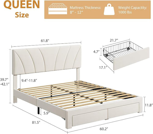 Garvee Queen Size Bed Frame with 2 Storage Drawers & Adjustable Headboard, Velvet Upholstered Platform Queen Bed Frame, Wooden Slats Support, No Box Spring Needed, Easy Assembly, Beige