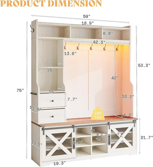 AMERLIFE 75" 7-in-1 Farmhouse Hall Tree with Bench and shoe storage, LED Entryway Bench with Coat Rack, 12 Shoe Cubbies, 2 Drawers, Barn Doors & Adjustable Shelf, Mudroom Hallway Cabinet, Rustic White