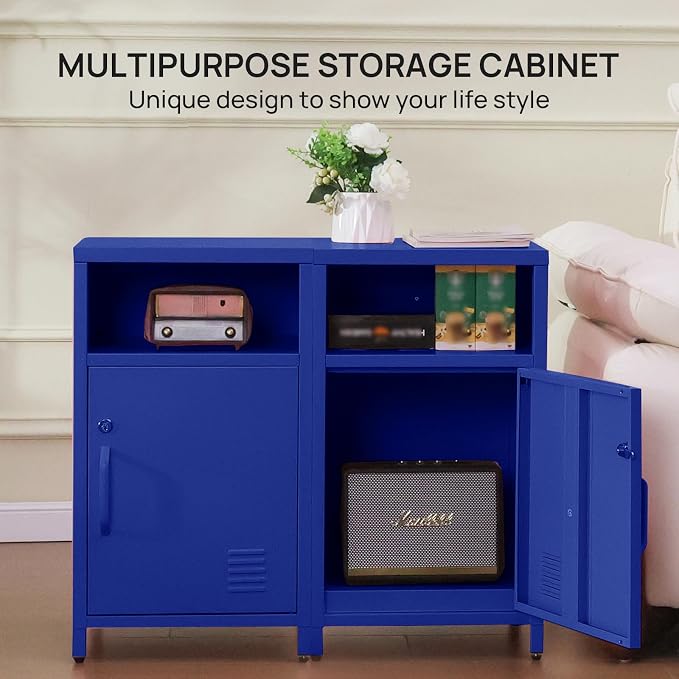 ALBAD Compact Metal Nightstand with Lockable Cabinet and Open Shelf, Modern Bedside Table, Versatile Side Table for Bedroom, Living Room, or Office (Blue, 26" H-Lockable Door)