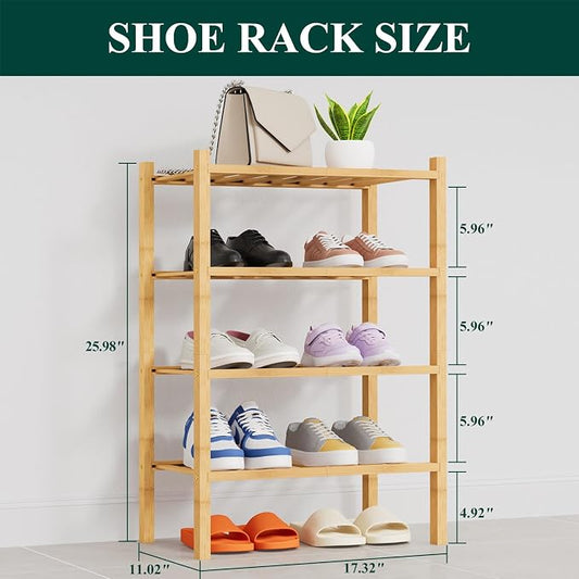 Smiry Small Bamboo Shoe Rack, 4 Tier Free Standing Wooden Shoe Organizer, Stackable Wood Shoe Storage Shelf for Closet, Entryway, 14 Vertical Slats, 2+2 Stack Heavy-Duty Legs, 17.3"x11"x26", Natural