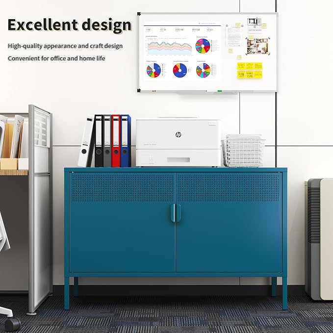 Blue Metal Storage Cabinet with 2 Doors - 25''H TV Stand, 2 Tier Locker with Adjustable Shelves,Multipurpose TV Cabinet for Office, Home, Living Room, Kitchen