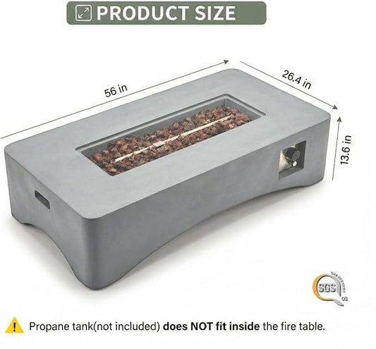56" Propane Fire Pit Table, 50,000 BTU Rectangular Outdoor Gas Fire Pit, Concrete Patio Fire Table with Tank Seat, Lava Rocks & Waterproof Cover for Backyard Deck, Light Grey