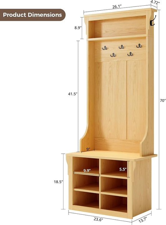 IRONCK 70"H 26"W Hall Tree with Bench and Shoe Storage, 6-in-1 Entryway Bench with Coat Rack, Adjustable Shelf, Hanging Hooks, 6 Shoe Cubby, 2 Tier Top Storage for Entryway, Bedroom, Living Room, Oak
