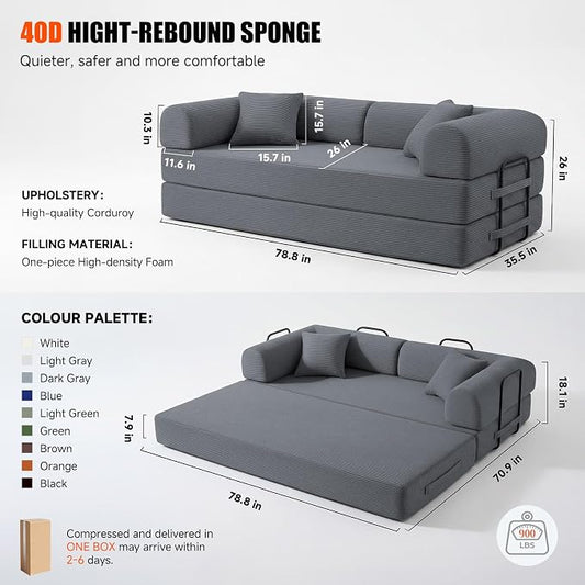 79" Convertible Sleeper Sofa Bed, Corduroy Boneless Fold-Out Couch in a Box, 4-in-1 Loveseat/Futon Couch, High-Density Foam, No Assembly, Side Pockets, 2 Pillows for Small Spaces, Dark Grey