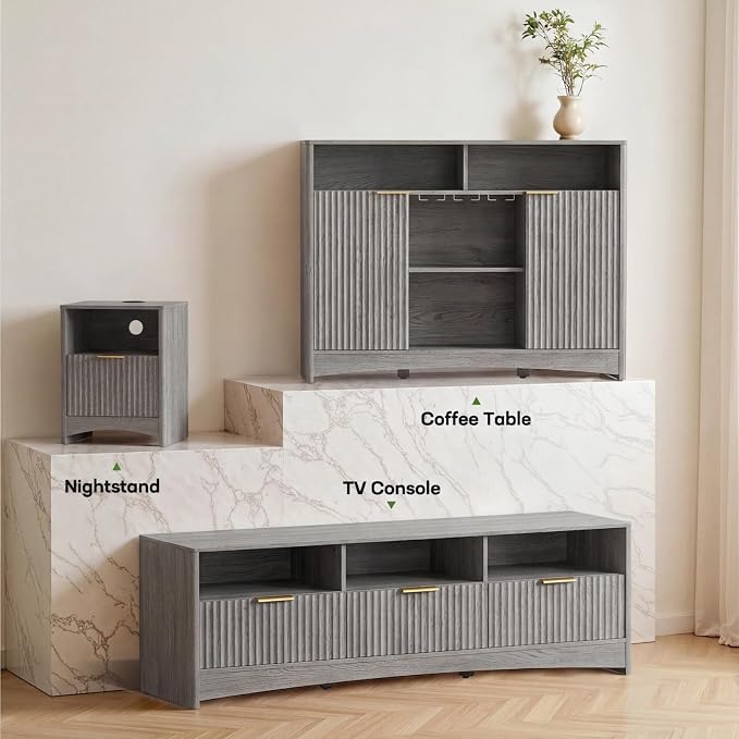 Marsail Fluted Nightstand Set of 2, Wooden Nightstands with Drawers, Modern Bedside Table with Charging Station and Storage, End Table with Storage Side Table for Bedroom, Grey