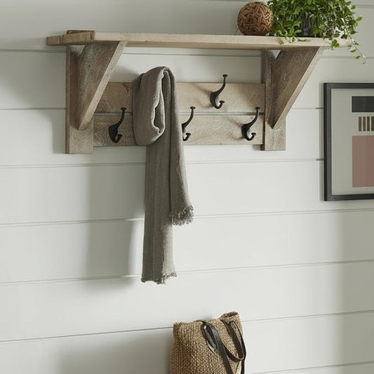 Alaterre Furniture Bethel Wall-Mounted Coat Rack with Shelf – Modern Farmhouse 40-Inch Solid Wood Entryway Organizer with 5 Black Metal Double Hooks & Upper Storage Shelf (Driftwood Finish)