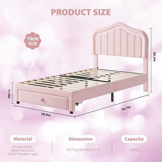 Twin Upholstered Bed Frame with Storage Drawer and Smart Led Headboard, Twin Size Platform Bed Frames for Kids, Wooden Slats Support, No Box Spring Needed, Easy Assembly, All Pink
