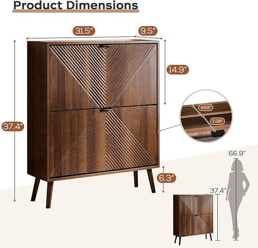 oakvivo Shoe Cabinet Storage, Farmhouse Freestanding Organizer with 2 Flip Drawers and 4 Wooden feet, Narrow Shoe Rack Cabinet for Entryway, Foyer, Hallway, Walnut