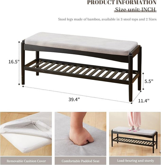 Shoe Bench Entryway Bamboo 2-Tier Shoe Rack with Cushion Padded Seat Shoe Bench Organizer Stable for Entry, Hallway, Living Room, Bedroom, Closet (39.4 * 11.4 * 16.5IN, Black-Gray)