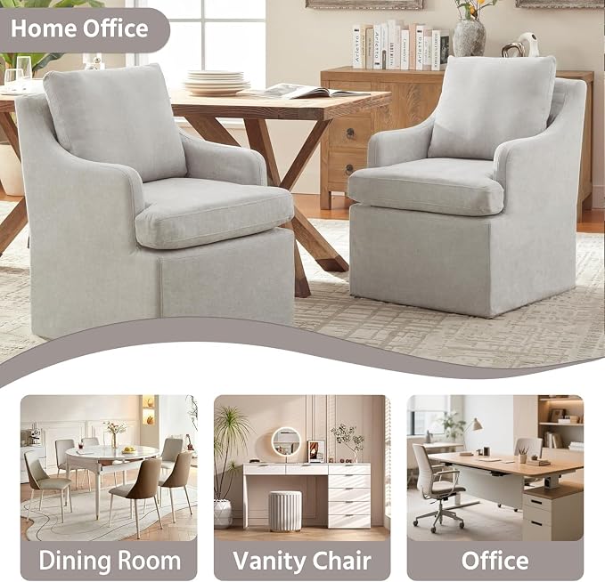 VKNOW Upholstered Dining Chairs Set of 6, Modern Kitchen Chairs Dinner Chairs with 4 Casters, Chenille Armchair for Bedroom Reading Room Living Room, Light Grey