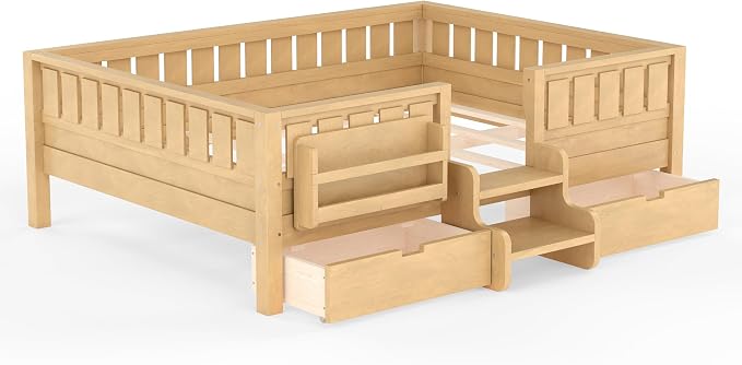 Bellemave Full Size Kids Montessori Bed with Stairs and Bookshelf,Solid Wood Full Size Kids Bed Frame with Drawers and Storage for Girls Boys,Low-Profile,Light Natural