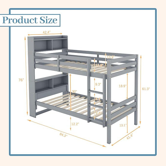 Twin Over Twin Bunk Bed with Storage Bookcase Headboard for Kids Boys Girls Teens, Rubber Wood Bunk Beds Frame with Storage Shelves, Can Be Separated into 2 Platform Beds, Gray