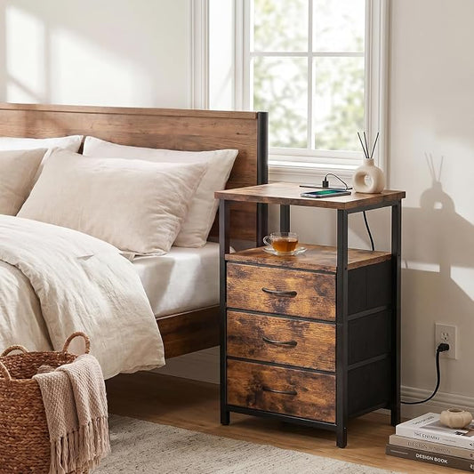 Fixwal Night Stand with 3 Fabric Drawers, Nightstand for Bedroom, Bedside Table with Charging Station End Table with Storage, Rustic Brown