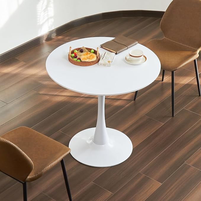Round Dining Table, 24" Circle Tulip Table with Thickened Tabletop & Metal Pedestal, Mid Century Modern Bistro Table for Kitchen, Small Places, Living Room, Cafe (White)