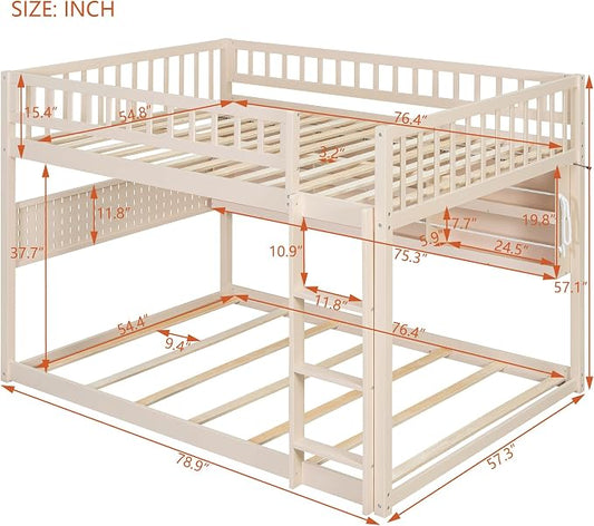 Merax Full Over Full Bunk Bed,Wood bunk Bed with LED,Bed with Integrated Shelving, Color-Changing Lights and Pegboard, Full Over Full, Beige