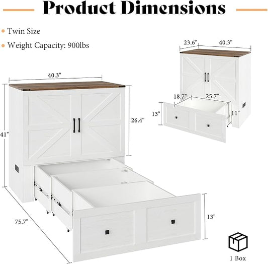 AMERLIFE Twin Murphy Bed Cabinet with Charging Station and Storage Drawer, Farmhouse Foldable Platform Bed for Home Office, Apartment, Small Spaces, Distressed White