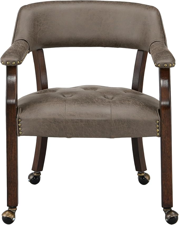LEEMTORIG Set of 8 Dining Chairs with Casters and Arms, Rolling Dining Chairs with Wheels for Elderly, Ergonomic Wide Seat Wooden Office Chairs, 26"Dx25.2"W, Espresso Legs&Dark Brown Fabric SY-318-DK