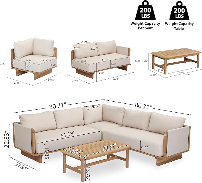 Merax 4 Piece Patio Outdoor Furniture Set, All-Weather V-Shaped Sectional Sofa with Cushions, 1 Coffee Table for Porch, Lawn, Backyard, Balcony, Light Teak+ Beige