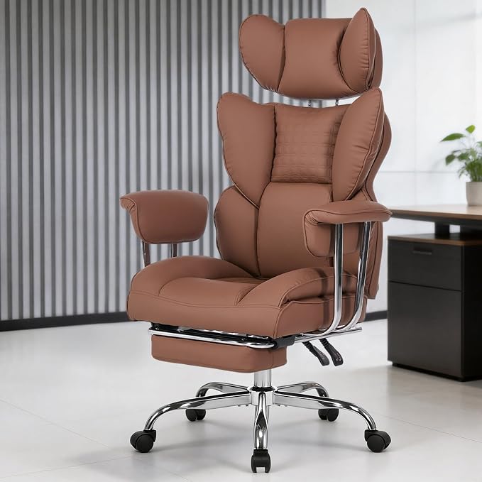 DUMOS Big and Tall Office Chair 400 LBS, Scratch-Resistant PU Leather Executive Office Desk Chair with Footrest, Ergonomic Reclining Computer Chairs with Pocket Spring Support, Brown