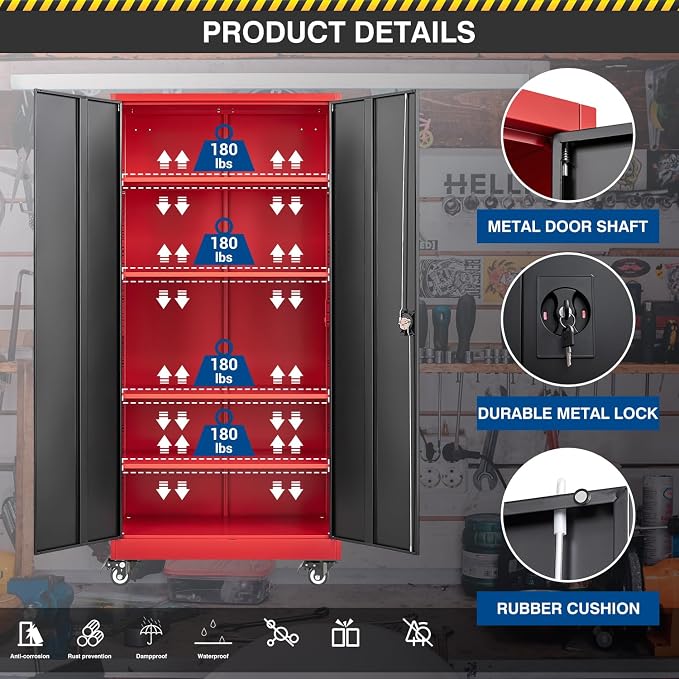 Fesbos Metal Rolling Storage Cabinet-74.6” Tall Steel File Cabinets with Wheels Lockable Doors and Adjustable Shelves-Black & Red Steel Storage Cabinet for Home, School, Office, Garage