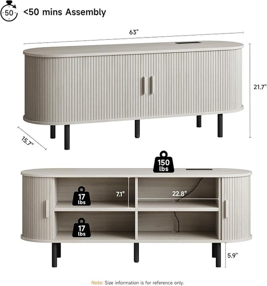ONBRILL 63" TV Stand with Power Outlet for TVs up to 70 Inch, Entertainment Center with Storage and Adjustable Shelves, Modern Media Console with Sliding Doors for Living Room, Natural White