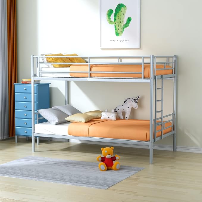 Metal Twin Over Twin Bunk Bed, Heavy-Duty Metal Bunk Bed, Noise Reduced Design/Safety Guardrail/2 Side Ladders/No Box Spring Needed (Silver)