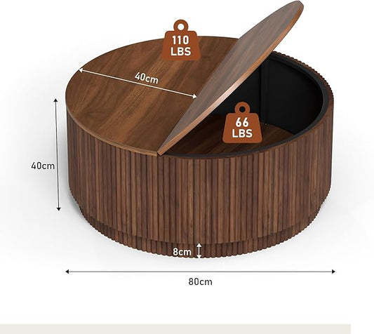 31.5" Round Coffee Table with Storage, Mid Century Modern Coffee Tables with Fluted Base, Wooden Circle Accent Center Table for Living Room Small Space Apartment Office (Walnut)