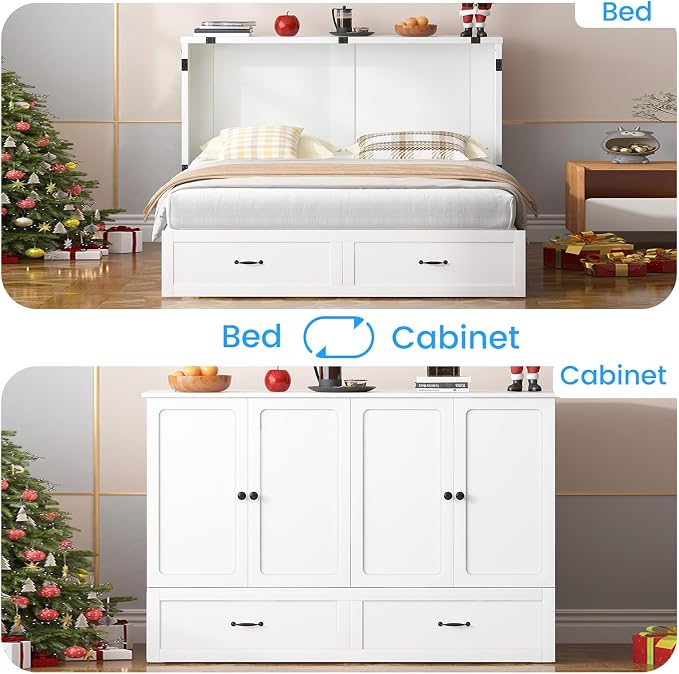 PUREMIND Queen Murphy Bed Cabinet, Multi-Functional Hideaway Cabinet Bed with Storage Drawer, USB Charging Ports and Folding Bedside Panel, Space Saving Chest Beds Wallbed for Guest Room, No Mattress