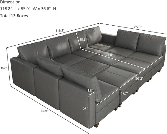 EASE MOOSE Oversized Modular Sectional Sleeper Sofa with Storage, Faux Leather sectional Sofa Large Modular Sofa Couch Sleeper for Living Room,Grey