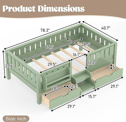 Bellemave Twin Montessori Bed with Stairs, Rails and Slats, Twin Size Montessori Floor Bed with Bookshelf and 2 Storage Drawers, Easy Assemble Beds Frame for Girls, Boys, Avocado Green