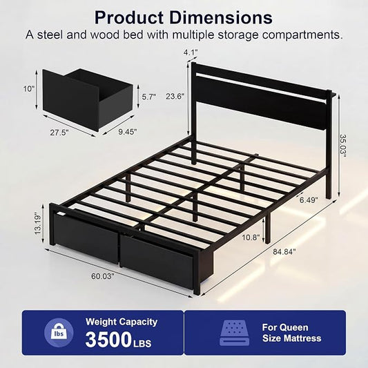 Queen Bed Frame with Drawers, Platform Bed with LED Lights & Charging Station, Wood Headboard, Strong Metal Slats Support, No Box Spring Needed, Noise Free, Easy Assembly