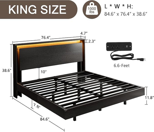 Einhomn King Size Bed Frame with LED Lights & Charging Station – Wood Floating Bed Frame with Storage Headboard, Adhesive Slats, Kick-Free & Noise-Free Design, Easy Assembly, Black