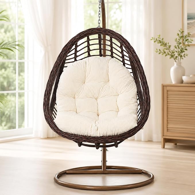 idee-home Egg Chair Cushion Replacement, Tufted Hanging Egg Chair Cushions with Corduroy Cover, Oversized Wicker Swing Cushion for Indoor Hammock Basket Chair, Beige (Chair Not Included), 48x32 Inch