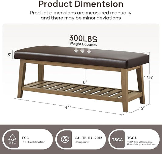 Entryway Bench with Cushion, Upholstered Shoe Rack Bench with Solid Wood Shelf, 44" End of Bed Bench for Bedroom, Chenille Fabric Storage Bench for Entryway, Hallway, Living Room (PU-Brown)