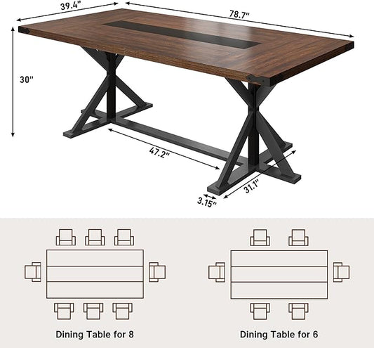 Hlivelood Dining Table for 6 8 People,Rectangular Kitchen Farmhouse Table W/Waterproof Wood Tabletop,Long Dining Room Tables W/Wood Strip Base for Kitchen Living Room(78IN BR&BK)