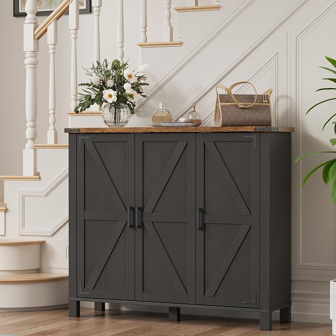ALLSTAND 5-Tier Shoe Storage Cabinet, Farmhouse Shoe Rack Organizer Cabinet with 4 Adjustable Shelves & Side Cabinets, Freestanding Shoe Cabinet Storage with Anti-tip Fitting for Entryway, Black