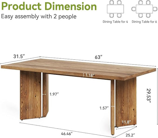Little Tree Solid Wood Dining Table for 4-6, 63-Inch Farmhouse Kitchen Table, Wood Rectangular Dinner Tables for Kitchen & Dining Room, mesas de comedor