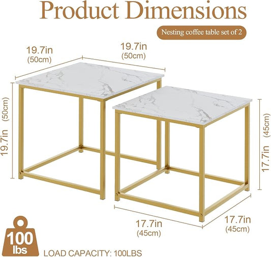 Garden 4 you Coffee Table Set of 2, Modern Engineered Wood Nesting Table, Metal Frame Square Center Table Set, Side Tables, Nesting Coffee Table for Living Room, Bedroom and Small Spaces, 19.7in Gold