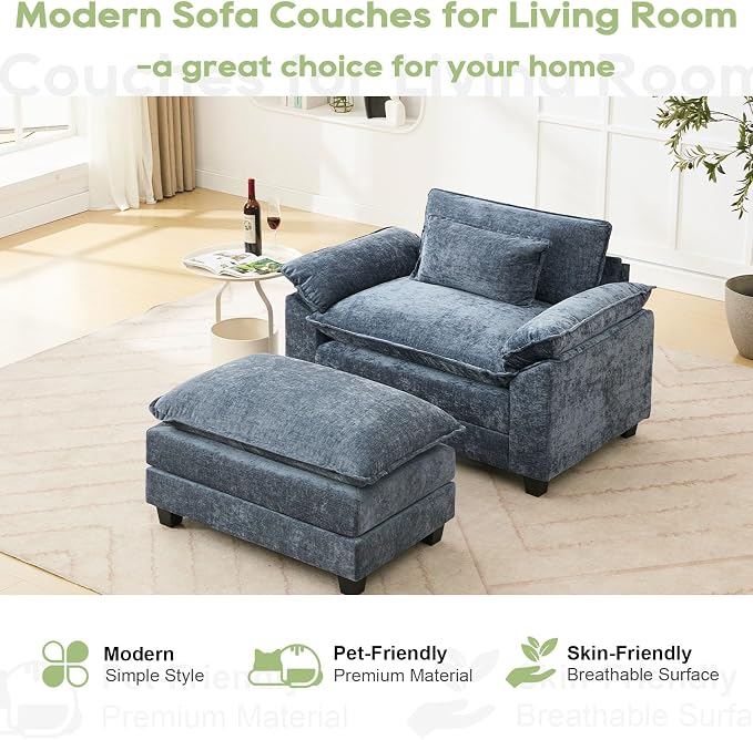 Oprisen 53" Modular Sectional Sofa, Comfy Cloud Couch Sectional Sofa with Ottoman, Chenille Sofa Sleeper Deep Seat Sofa with Throw Pillows for Living Room (Blue)