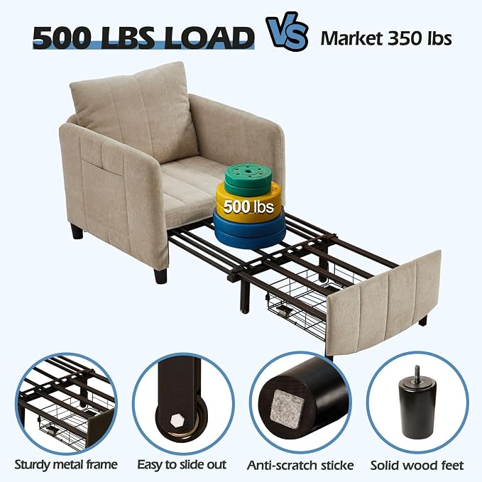 ZZW Sleeper Chair 84" Extra Long Convertible Chair Bed Upgraded 3-in-1 to 4-in-1 Pull Out Chair & Single Sofa Bed for Adult Sleeping Chairs for Living Room & Small Space