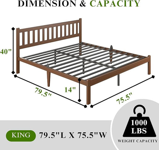 Askeld Bamboo King Bed Frame with Headboard, 14 Inch High Wood Platform Bed No Box Spring Needed, Modern Minimalist Heavy Duty Bedframe, Easy Assembly, Noise Free, Walnut Color