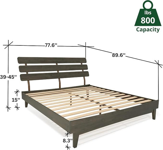 Bme Caden King Size Bed Frame and Adjustable Headboard, 15 Inch Mid Century Retro Style - Solid Acacia Wood - No Box Spring Needed - 12 Strong Wood Slat Support - Easy Assembly - Charcoal Mocha