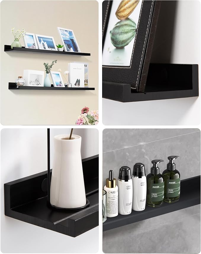 MBYD 36 Inch Floating Shelves Black, Wooden Picture Ledge Photo Shelf for Wall with Lip Set of 2, Wall Mount Display Nursery Shelf for Books, Vinyl Records, Bedroom Living Room Bathroom Kitchen Decor