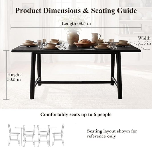 Ya-Home Black Dining Table, 69" Wood Kitchen Table with Solid Wood Legs, Seats 4-6, Modern Farmhouse Dinner Table for Dining Room Home Office, 69" L x 31.5" W x 30" H