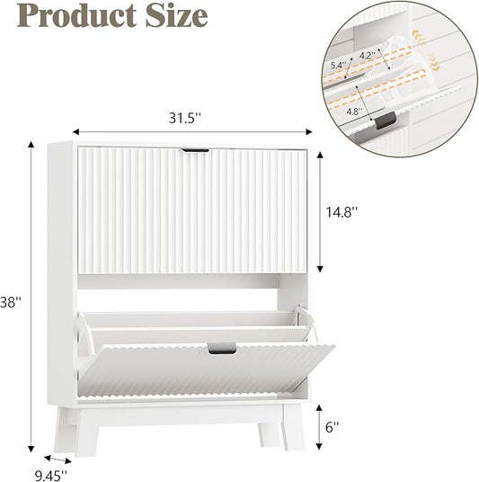 HUANLEGO Shoe Cabinet Storage for Entryway with 2 Flip Drawers, Fluted Narrow Shoe Organizer with Wooden Legs, Freestanding Slim Shoe Storage Hidden Shoe Rack Organizer for Front Door Entrance, White