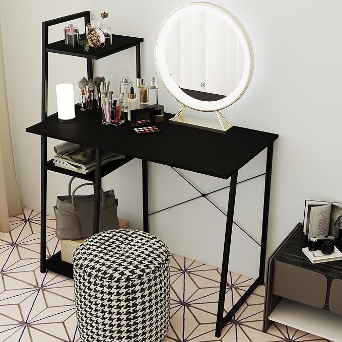 Tangkula Computer Desk with Shelves, Space Saving Home Office Desk with 3-Tier Ladder Shaped Storage Bookshelf, Modern Writing Study Desk with Metal Frame, Compact Computer Workstation (Black)