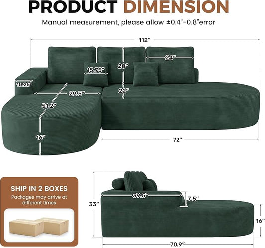 112" Modular Curved Sofa, Oversized Couches for Living Room, Modern Cloud Couch with Deep Seat, Corduroy Foam Couch, No Assembly Required, Dark Green, 1PCS
